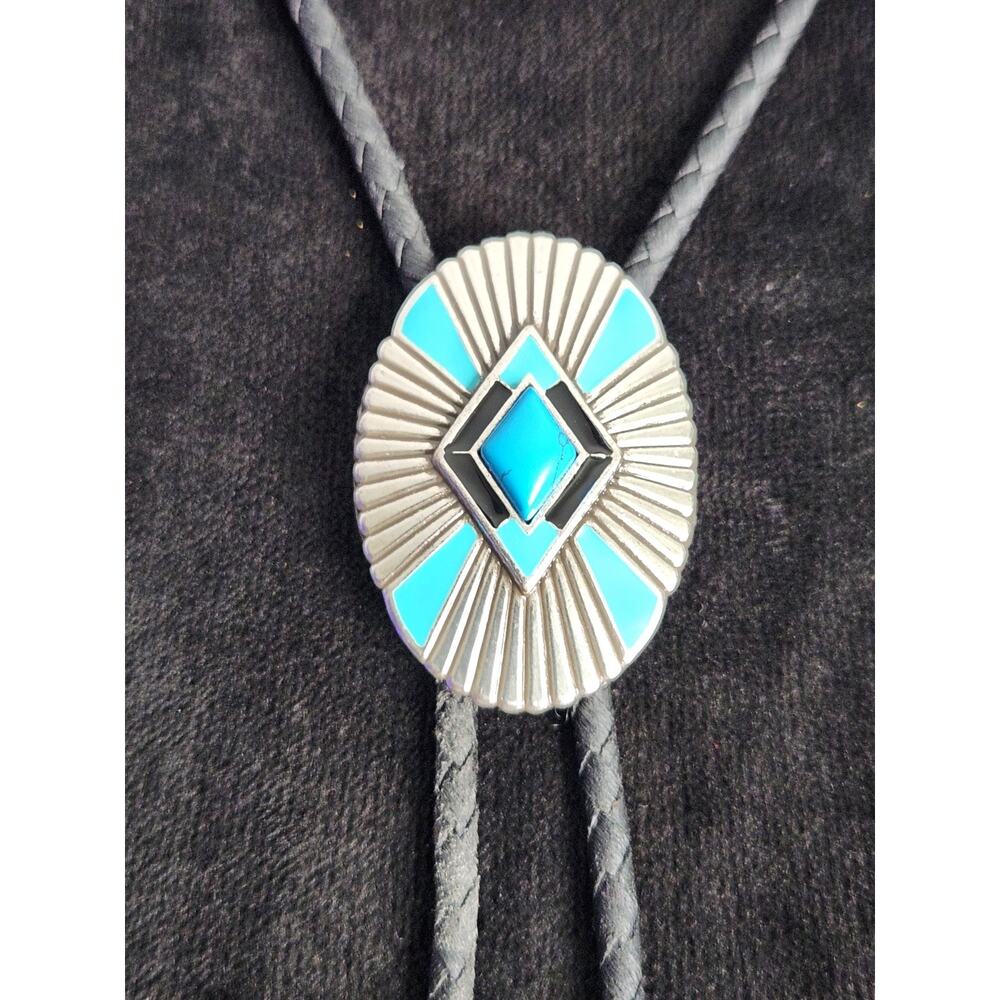 Western Bolo Tie Silver Tone Oval Slide Faux Turquoise Stone Look Black Braided - Picture 2 of 4